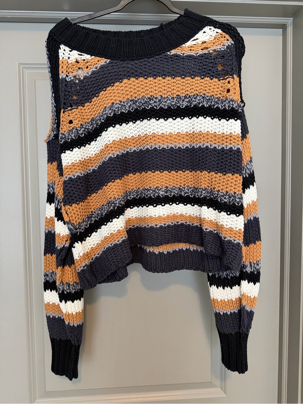 Free People Striped Cropped Knit Sweater in Black, White & Tan